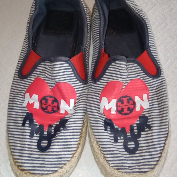 Tory Burch Mon Amour Espadrille Flats Heart Sailor Navy Blue Red Stripe 6M - Picture 3 of 16